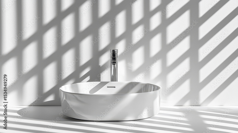 Poster modern white sink with sleek faucet, illuminated by soft shadows creating striking pattern on surfac