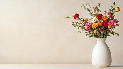 Obraz premium beautiful arrangement of colorful flowers in white ceramic vase, set against soft, neutral background, evokes sense of joy and tranquility