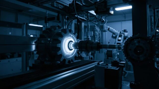 Industrial Robotic Arm Performing Task on Metal Gear Slow Motion