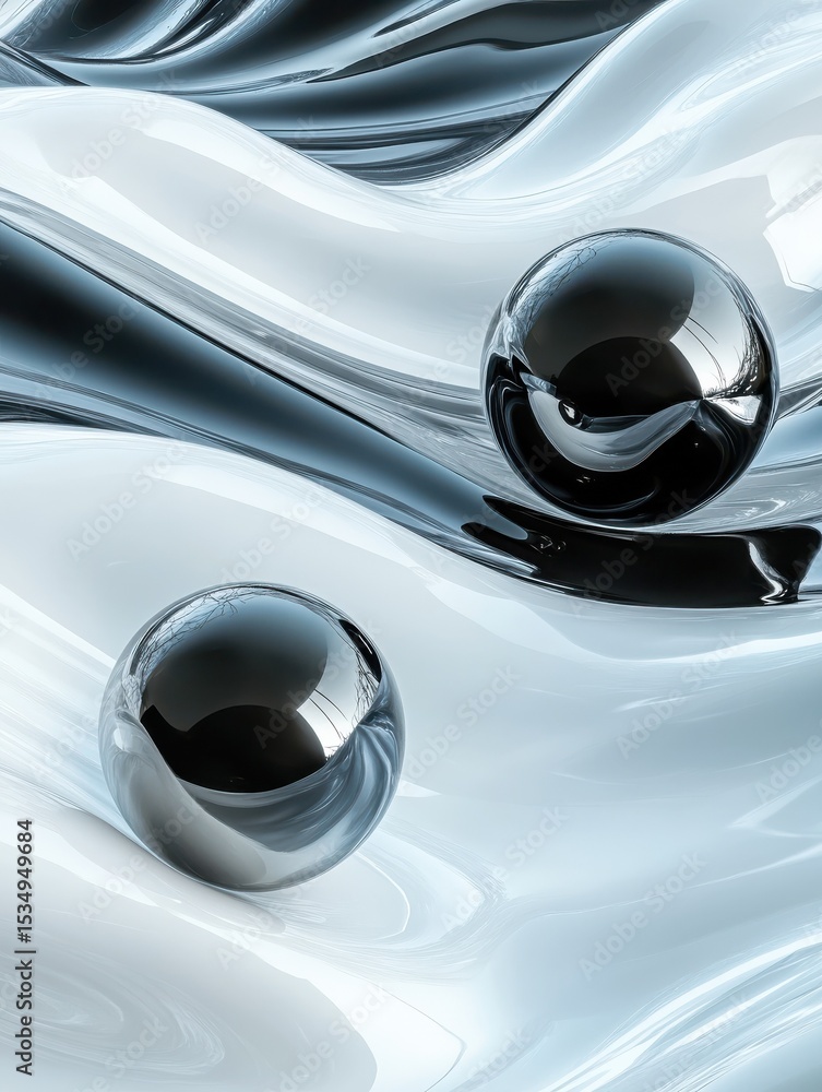 Poster background with black and white glossy spheres on the current wavy surface. a minimalistic and abstr