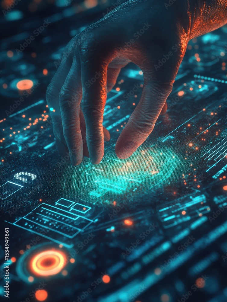 Aufkleber digital kyc verification with hand interacting on holographic interface.