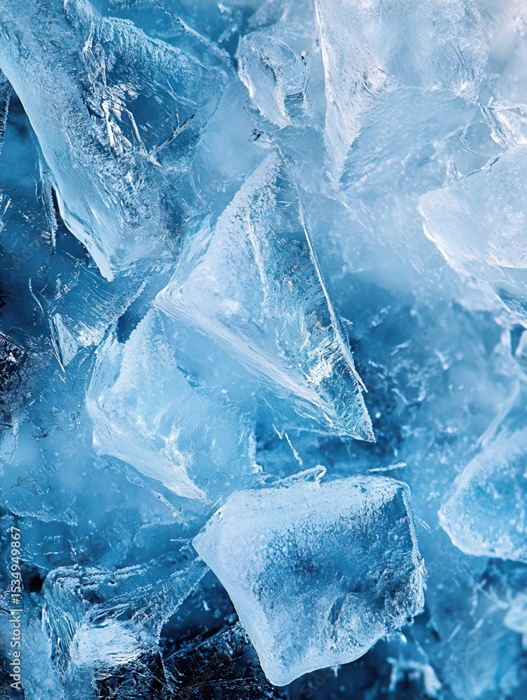 Poster a close-up view of icy textures in various shades of blue, creating a frozen and serene visual effec