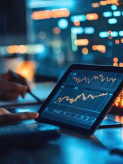 Tablet, meeting and business people in office with research for break in finance stock market. Discussion, digital technology and financial advisors with online revenue, profit or equity report