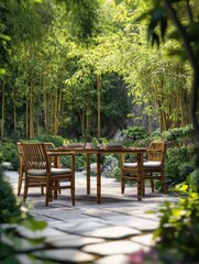Obraz premium bamboo eco-friendly furniture concept. bamboo dining set in serene outdoor garden setting