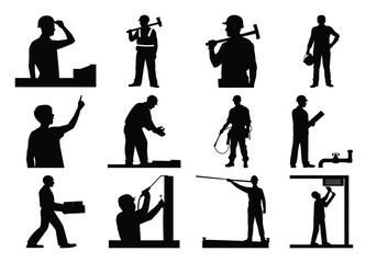 Twelve construction worker silhouettes isolated on white background