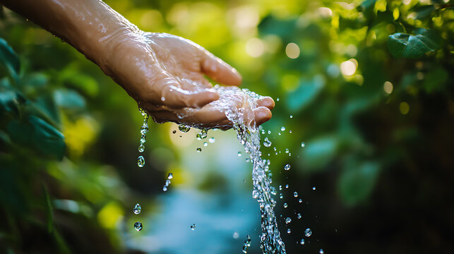 Hands releasing water stream amidst greenery, symbolizing nature and sustainability - Powered by Adobe