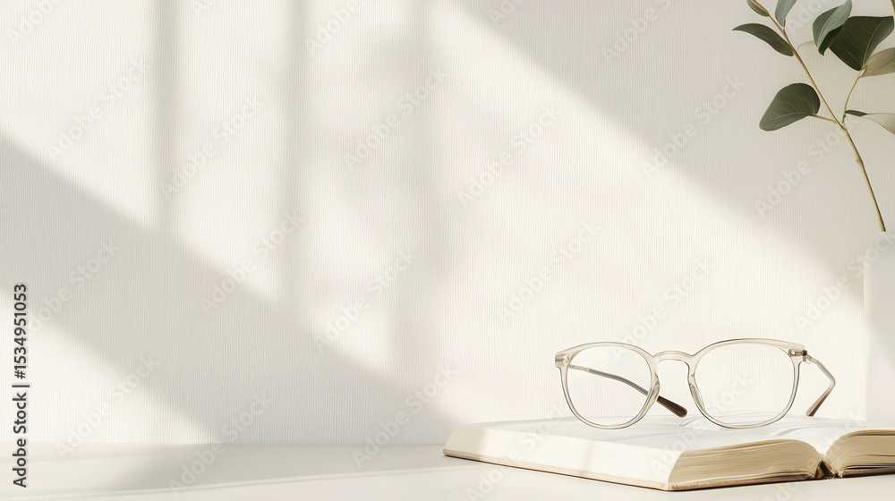 Aufkleber stylish pair of glasses rests on open book, surrounded by soft shadows and touch of greenery, creati