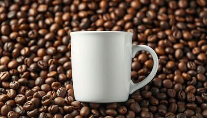 Fototapeta premium Blank white coffee cup mockup on roasted coffee beans background, ideal for branding, graphic, blank