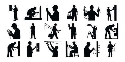 Electrician workers silhouette collection isolated on white background