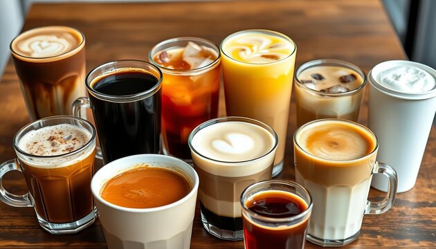 Assortment of hot and iced coffee drinks in paper cups and glass,  cold,  espresso