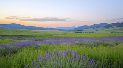 Obraz premium serene lavender field stretches across landscape, showcasing vibrant purple flowers against backdrop of rolling hills and soft sunset