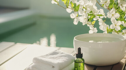tranquil spa setting featuring bowl of water, essential oil, and soft towels, creating serene atmosphere for relaxation and rejuvenation