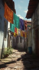Fototapeta premium Colorful fabrics hang in an alleyway.
