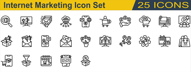 Internet Marketing Icon Set. Containing Affiliate Marketing,Commission,Cpa,Ecommerce,Email Marketing,Feedback,Internet,Keyword,Marketing Automation. Outline Style