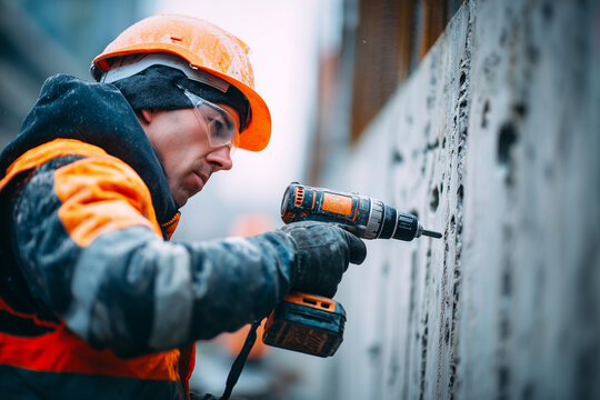 Construction worker in reflective vest and cap using power drill on a concrete wall, urban construction site, 