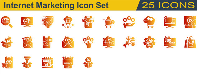 Obraz premium Internet Marketing Icon Set. Containing Affiliate Marketing,Commission,Cpa,Ecommerce,Email Marketing,Feedback,Internet,Keyword,Marketing Automation. Solid Gradient Style