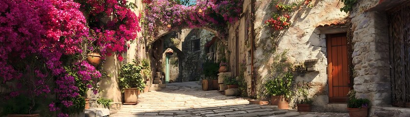Fototapeta premium A sun-drenched alleyway lined with blooming bougainvillea.