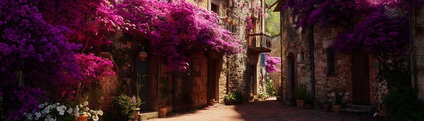Obraz premium A charming, blossoming alleyway in an old stone town.