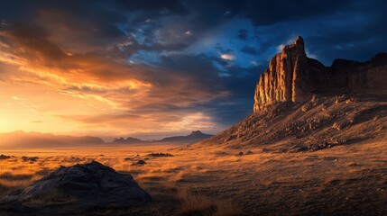 An expansive, empty mountain plateau with dry grass and craggy rock formations beneath a dramatic sunset sky
