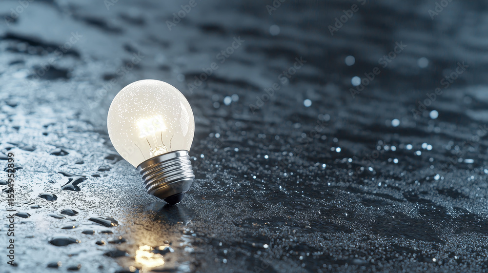 Aufkleber glowing light bulb rests on wet surface, creating serene atmosphere with reflections and droplets