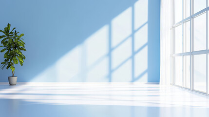 Obraz premium bright and airy room with blue wall, large windows casting shadows, and potted plant adding touch of greenery