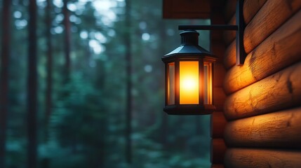 Rustic lantern on log cabin wall at dusk