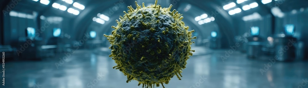 Poster Chemotherapy effect diagnosis and discovery in oncology concept. Microscopic view of a virus in a high-tech lab environment.