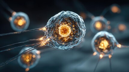 Chemotherapy effect diagnosis and discovery in oncology concept. Detailed visualization of glowing cells showcasing cellular activity.
