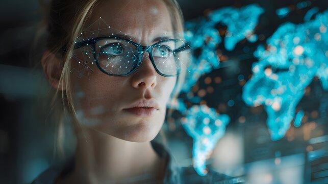 Young Woman Wearing Glasses Analyzing Digital Map in Modern Control Room