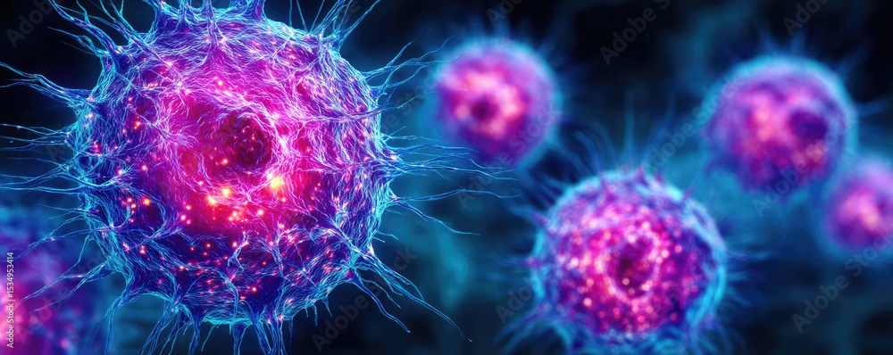 Poster immune response discovery and treatment mechanism concept. abstract representation of colorful cells