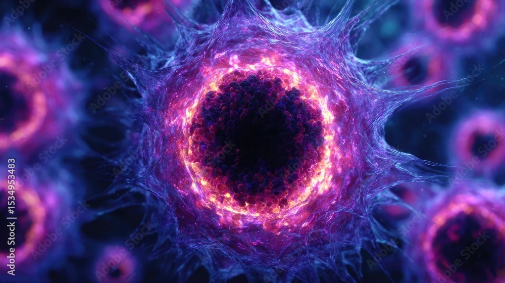 Poster immune response discovery and treatment mechanism concept. magnified view of vibrant cells showcasin
