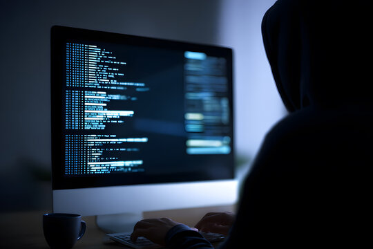 Hacker in Hoodie Using Computer for Cybercrime