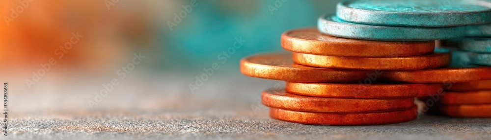 Poster wealth planning efficiency through goals and savings concept. close-up of colorful coins stacked on 