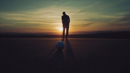 Silhouetted golfer at sunset preparing to putt golf ball on the green