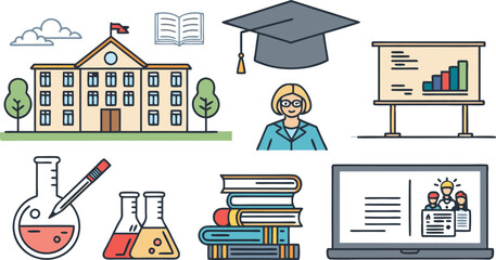 Education and Learning Icon Set School Building, Graduation Cap, Online Course, Teacher, and Certificate in Editable Line Style.