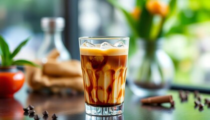 Iced Thai espresso with roasted milk, served in a glass, menu, espresso drink