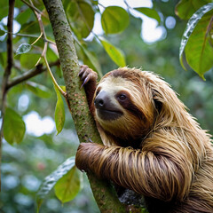 Fototapeta premium A two-toed sloth slowly climbing a cecropia tree, its fur slightly damp from a recent rain shower. Focus on its gentle expression. 