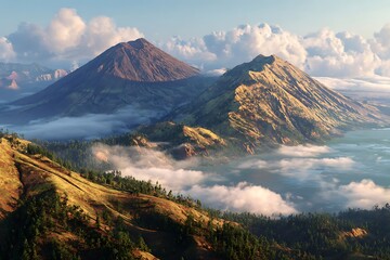 Volcanic peaks shrouded in morning mist.