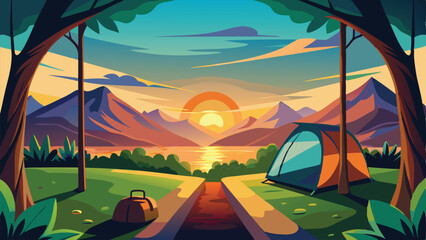 Scenic camping illustration featuring mountains sunset and tent on a green landscape