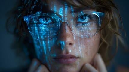 Young Woman Wearing Glasses with Digital Code Overlay in Dark Environment