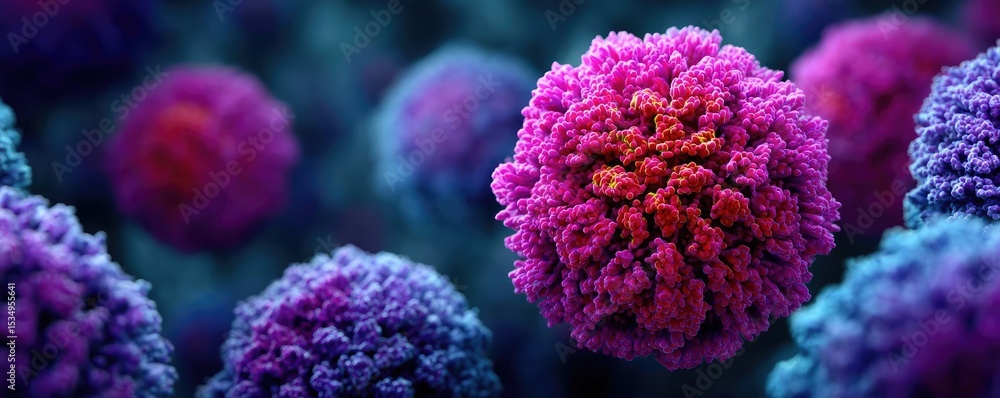 Aufkleber Immune response discovery and treatment mechanism concept. Close-up view of colorful microscopic viruses in a digital design.