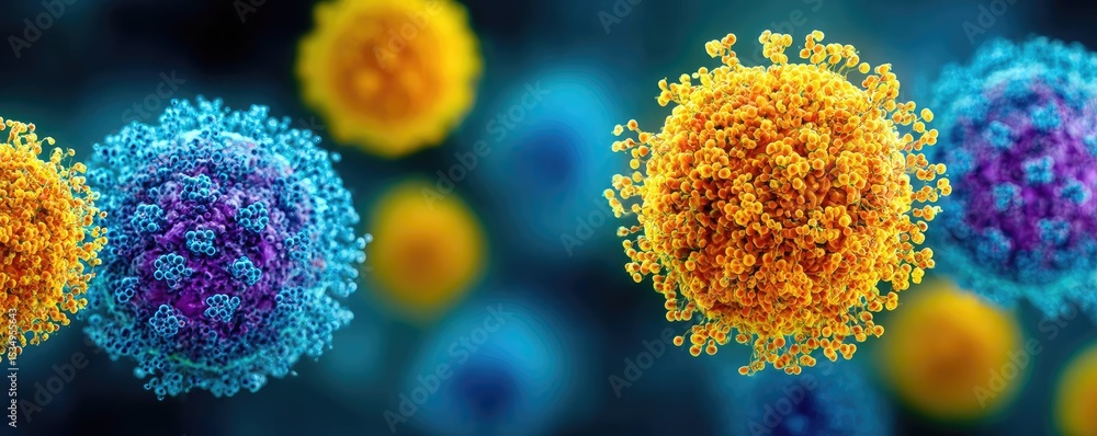 Poster immune response discovery and treatment mechanism concept. colorful depiction of virus particles und