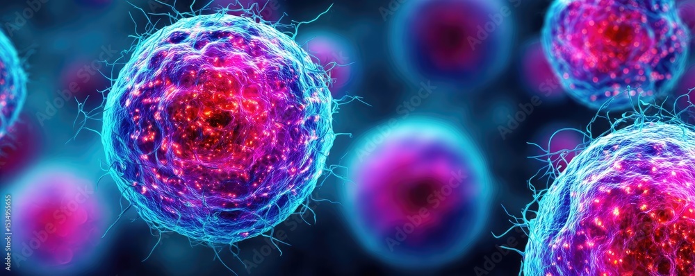 Poster Immune response discovery and treatment mechanism concept. Vibrant and colorful depiction of cellular structures under a microscope.