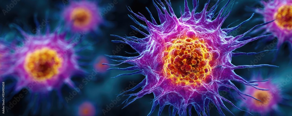 Poster immune response discovery and treatment mechanism concept. colorful microscopic view of a cell with 