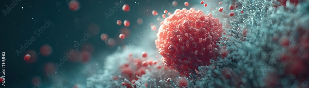 Poster immune response discovery and treatment mechanism concept. close-up view of virus particles on a dig