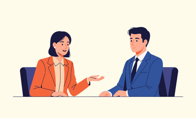 An illustration of a man and a woman in business attire, seated at a table and engaged in conversation. The woman is actively speaking with an open hand gesture, while the man listens attentively.