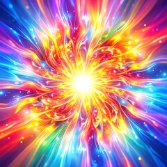 A vibrant explosion of multicolored light and shimmering sparks bursts forth, creating a dazzling display of energy and brilliance against a dark backdrop.
