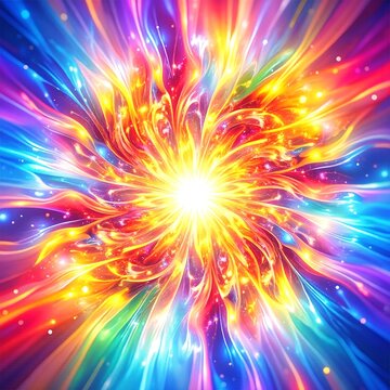 A vibrant explosion of multicolored light and shimmering sparks bursts forth, creating a dazzling display of energy and brilliance against a dark backdrop.