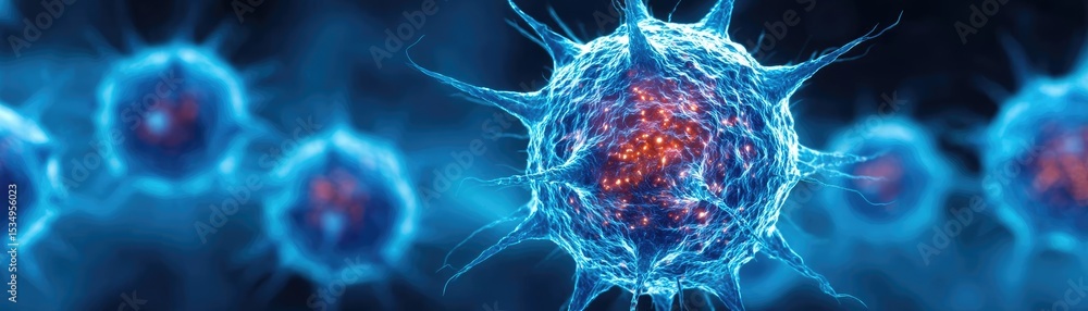Poster immune response discovery and treatment mechanism concept. abstract representation of cells with a b