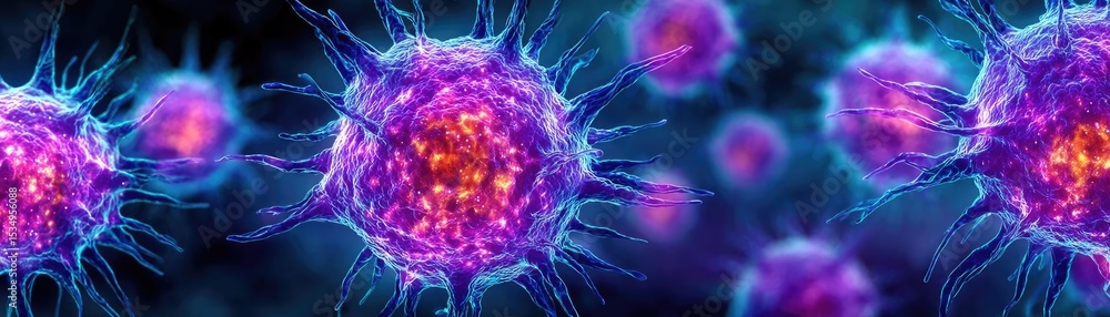 Poster Immune response discovery and treatment mechanism concept. Microscopic view of colorful microbial cells under a microscope.